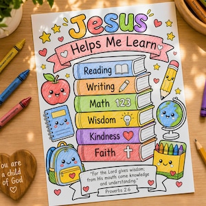 Christian Back To School Coloring Page, Jesus Helps Me Learn Printable, Religious First Day of School Activity, Sunday School Proverbs 2:6
