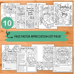 May include: A set of ten black and white printable coloring pages for pastor appreciation. The designs feature religious imagery including bibles, churches, hearts, and text such as God Bless Our Pastor, Thank You Pastor, and World's Best Pastor.