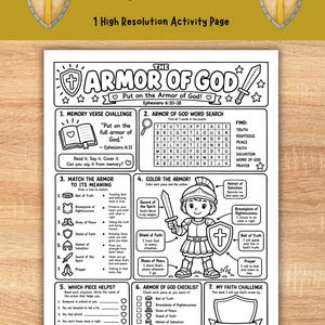 Armor of God Activity Sheet, Ephesians 6:10-18 Worksheet, Christian Coloring Page for Kids, Sunday School and Homeschool Activity