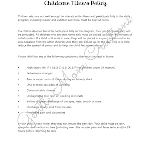 Daycare Sickness Policy | Illness Policy | Daycare Poster | Home Daycare | Resources | Editable Policy | Daycare Parent Handbook Forms