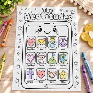 May include: A colouring page titled The Beatitudes featuring a tablet illustration with twelve icons representing virtues like Happy Heart, Kind, Merciful, Peace, Pure Heart, Gentle, Humble, Faithful, Forgive, Love, Serve, and Shine, surrounded by stars.