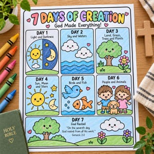 7 Days of Creation Coloring Page, Genesis Creation Activity, Sunday School Bible Study, Children's Ministry and VBS Printable Craft