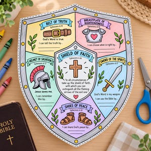 Puede incluir: Una hoja de trabajo educativa con forma de escudo que presenta la Armadura de Dios con cinco secciones coloridas. Incluye ilustraciones de un cinturón, coraza, casco, espada y sandalias, etiquetadas con textos como Belt of Truth y Shield of Faith.