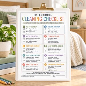Printable kids bedroom cleaning checklist with 10 numbered cleaning tasks, including making the bed, clearing the floor, sorting clothes, tidying surfaces, emptying trash, dusting, cleaning floors, checking under the bed, organizing storage, and a final room check. Colorful one-page PDF digital download for kids chore charts, bedroom organization, cleaning routines, responsibility charts, and household routines. Useful resource for ADHD and AuDHD kids.