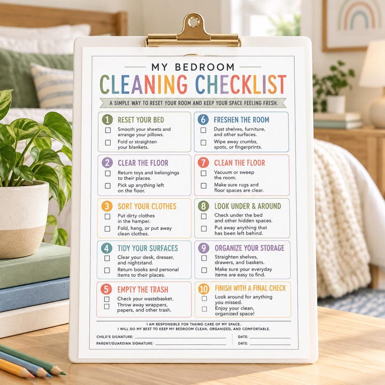 Printable kids bedroom cleaning checklist with 10 numbered cleaning tasks, including making the bed, clearing the floor, sorting clothes, tidying surfaces, emptying trash, dusting, cleaning floors, checking under the bed, organizing storage, and a final room check. Colorful one-page PDF digital download for kids chore charts, bedroom organization, cleaning routines, responsibility charts, and household routines. Useful resource for ADHD and AuDHD kids.