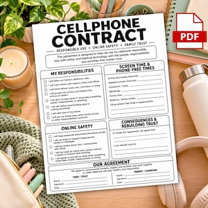 Teen Cellphone Contract, Cellphone Contract for Kids, First Cellphone Rules, Printable Screen Time & Device Agreement