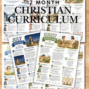Könnte beinhalten: Ein 12-monatiges christliches Lehrplan-Set mit gedruckten Seiten zu monatlichen Themen wie Glaube, Liebe, Gehorsam, Geduld und Treue. Jede Seite enthält illustrierte biblische Geschichten, Merkverse, monatliche Gebete und Familienaufgaben.