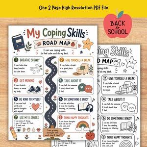 May include: A two-page printable document titled My Coping Skills Road Map featuring a winding path and eight numbered steps with illustrations like a book, sneakers, a chair, a rainbow, and a pencil, plus a red apple icon labeled Back to School.
