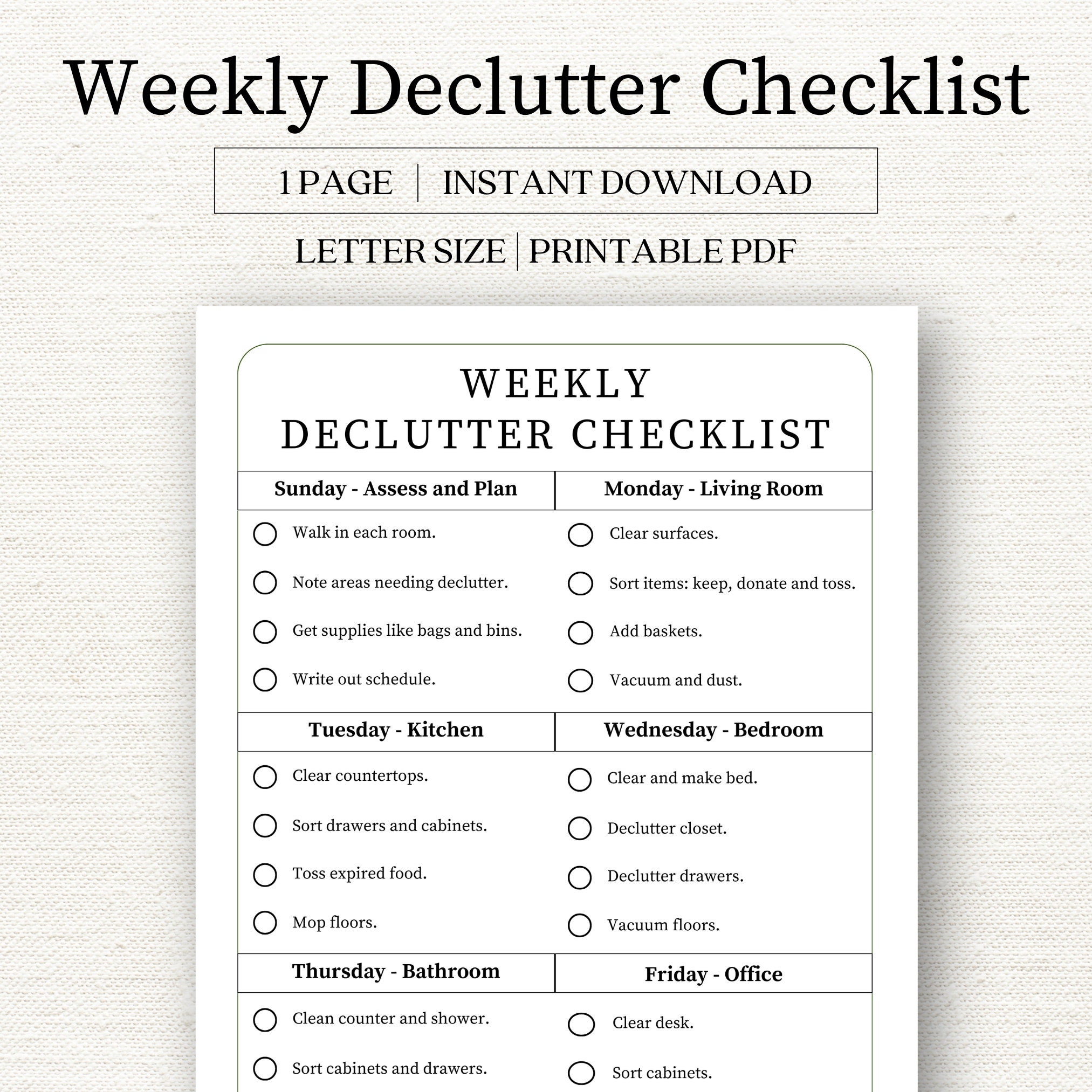Weekly Declutter Checklist | Minimalist Declutter Checklist | Organize Checklist | Declutter ...