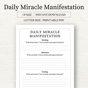 Può includere: Diario stampabile di manifestazione di miracoli quotidiani con istruzioni per scrivere "Sono così fortunato e mi aspetto miracoli" tre volte al mattino, sei volte nel pomeriggio e nove volte la sera.