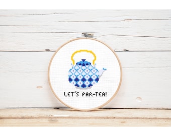 Tea cross stitch pattern, quirky cross stitch pattern, cross stitch PDF, Modern counted cross stitch chart