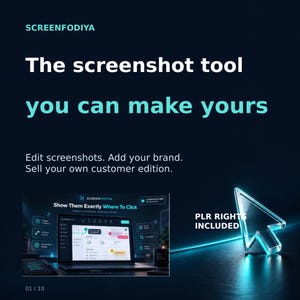 Könnte beinhalten: Eine dunkelblaue Werbegrafik für SCREENFODIYA, ein Screenshot-Tool. Der Text lautet: The screenshot tool you can make yours. Edit screenshots. Add your brand. Sell your own customer edition. Enthält ein Laptop-Bild und einen leuchtenden Cursor.