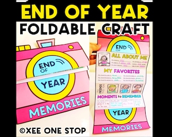 May include: A pink and yellow foldable craft with the text "END OF YEAR FOLDABLE CRAFT". The craft is designed to look like a camera and includes sections for "ALL ABOUT ME", "MY FAVORITES", and "MOMENTS TO REMEMBER".