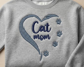 Diseño de bordado "Mamá de gatos", archivo para amantes de las mascotas con huella de corazón (descarga digital)