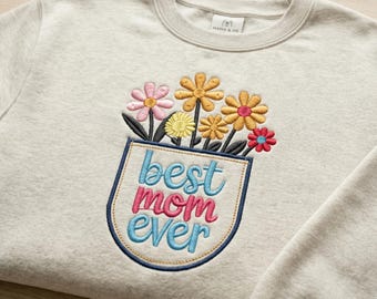 Diseño de bordado floral para bolsillo, "Mamá para siempre", regalo para el Día de la Madre (descarga digital)
