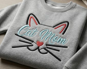 Diseño de bordado "Mamá de gatos", contorno de cara de gatito, bordado a máquina para amantes de las mascotas (descarga digital)