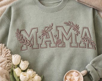 Diseño de bordado Floral Mama, letras estilo universitario, hojas botánicas (descarga digital)