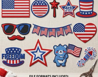 4. Juli Stickerei Bündel Vaterländische Maschinenstickerei Sammlung Americana Feuerwerk Sonnenbrillen Bär Dekorationen zum Herunterladen