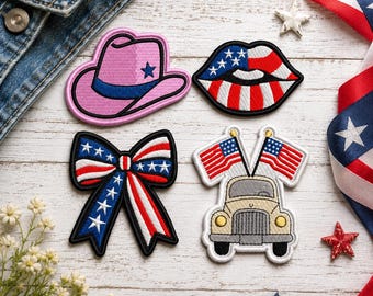 Patriotische Americana Maschinenstickerei Sammlung Unabhängigkeit Urlaub Cowboy-Hut Amerikanische Flagge Lippen LKW Feier Herunterladbar