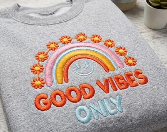 Retro Regenbogen Smiley Stickmuster, Boho Floral Maschinendatei (Digitaler Download)