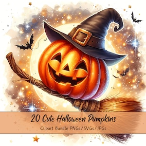 Lindo paquete de imágenes prediseñadas de calabazas de Halloween, imágenes prediseñadas de calabazas de acuarela, descarga digital divertida y divertida de alta calidad, otoño