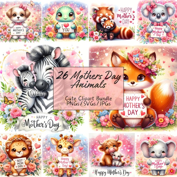 Cute Happy Mothers Day Animals Clipart Bundle, Festive Watercolor Clip Art Images, 26 High Quality PNGs/SVGs/JPGs, 300 Dpi, Card Making