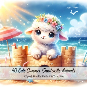 Lindo paquete de imágenes prediseñadas de animales de castillo de arena de verano, imágenes de imágenes prediseñadas del océano de acuarela, archivos únicos de alta calidad, descarga de gráficos de animales digitales