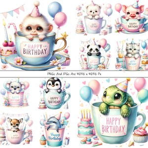 Pode incluir: Um conjunto de dez imagens digitais de clipart que apresentam animais fofinhos em x&iacute;caras de ch&aacute; com bal&otilde;es e bolo de anivers&aacute;rio. Cada imagem tem o texto "Happy Birthday" na x&iacute;cara de ch&aacute;.