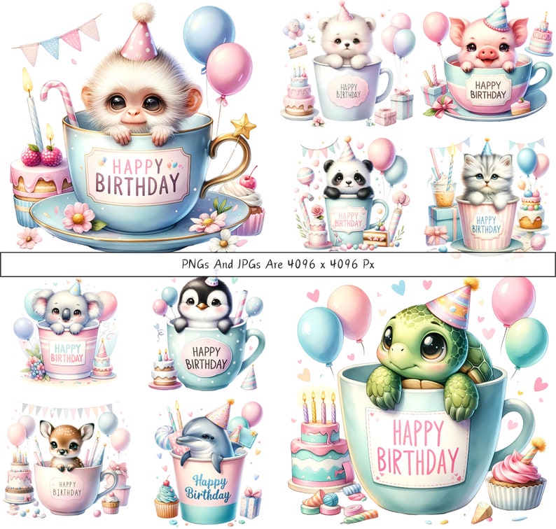 Pode incluir: Um conjunto de dez imagens digitais de clipart que apresentam animais fofinhos em x&iacute;caras de ch&aacute; com bal&otilde;es e bolo de anivers&aacute;rio. Cada imagem tem o texto "Happy Birthday" na x&iacute;cara de ch&aacute;.
