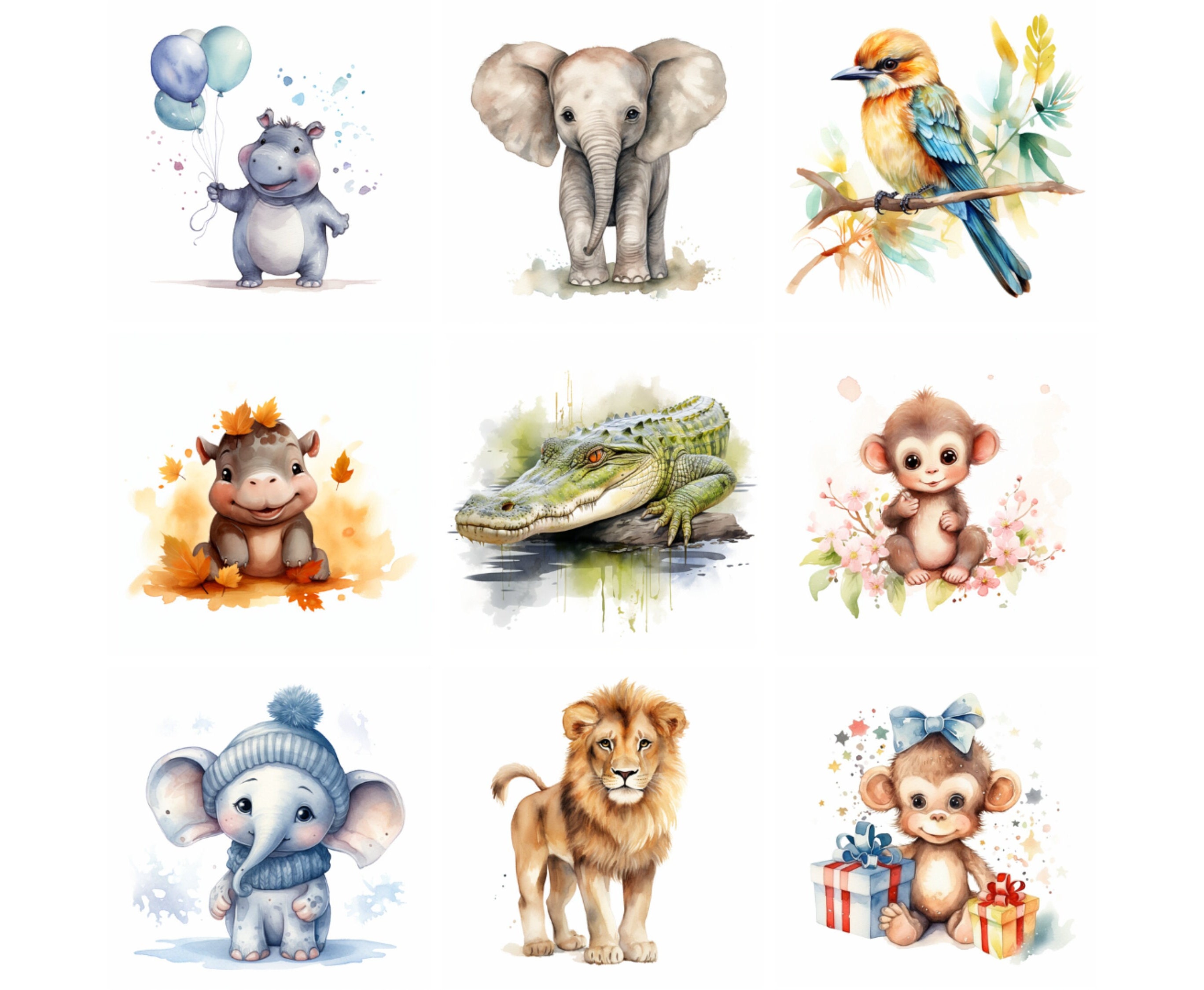 100 Watercolor Safari Animals Clipart Bundle, Cute Baby Safari Birthday ...
