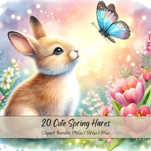 Lindo paquete de imágenes prediseñadas de liebres de primavera, imágenes de imágenes prediseñadas de acuarela, archivos de liebre de alta calidad, gráficos de animales digitales divertidos, descarga única
