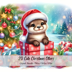 Lindo paquete de imágenes prediseñadas de nutrias navideñas, imágenes prediseñadas de nutrias navideñas, archivos de animales de acuarela de alta calidad, gráficos divertidos de animales festivos, invierno