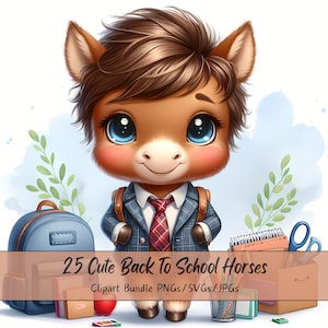 Lindo paquete de imágenes prediseñadas de caballos de regreso a la escuela, imágenes prediseñadas de caballos de acuarela, archivo de animales de alta calidad, pony de gráficos de animales de profesor digital