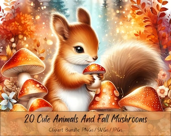 May include: A cute cartoon squirrel holding a red and white mushroom in a fall forest setting. The squirrel is surrounded by mushrooms and fall foliage. 20 Cute Animals And Fall Mushrooms Clipart Bundle PNGs/SVGs/JPGs