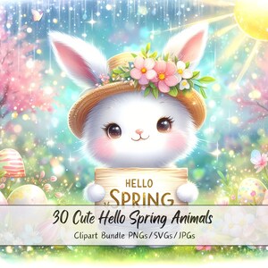 Lindo paquete de imágenes prediseñadas de Hello Spring Animals, imágenes prediseñadas de acuarela, alta calidad, divertidos gráficos de animales digitales, descarga única