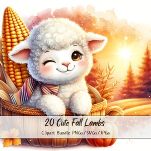 Lindo paquete de imágenes prediseñadas de corderos de otoño, imágenes prediseñadas de cordero de acuarela, archivos de animales de alta calidad, gráfico de animales digital divertido, descarga de otoño
