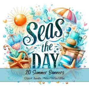 Zomer banners clipart bundel, aquarel clip art afbeeldingen, hoge kwaliteit strand banner bestanden, digitale Happy Days citaten, kaart maken downloaden