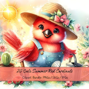 Lindo paquete de imágenes prediseñadas de cardenales rojos de verano, imágenes de clip art de cardenales rojos de acuarela, archivos de animales de alta calidad, descarga única de aves digitales