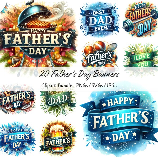 Happy Father's Day Banners Clipart Bundle, Watercolor Clip Art Images, High Quality Father Files, Digital Dad Graphics Download, Card Making