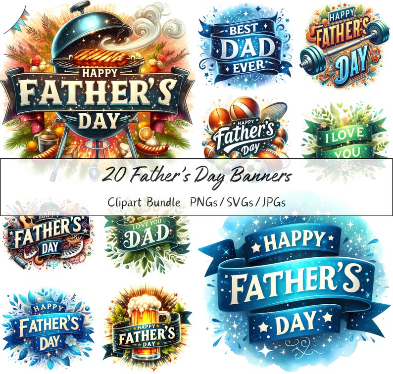 Happy Father's Day Banners Clipart Bundle, Watercolor Clip Art Images, High Quality Father Files, Digital Dad Graphics Download, Card Making - Etsy