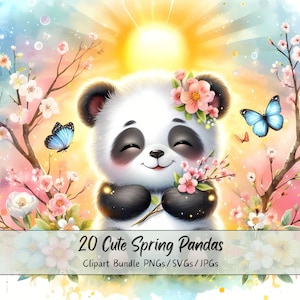 Bundle de cliparts mignon printemps pandas, Images clipart aquarelle, fichiers Panda de haute qualité, graphiques numériques animaux drôles, téléchargement unique
