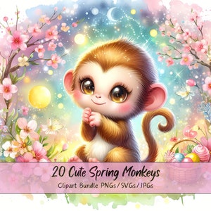 Lindo paquete de imágenes prediseñadas de monos de primavera, imágenes prediseñadas de acuarela, 20 archivos de monos de alta calidad, divertidos gráficos de animales digitales, descarga única