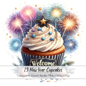 Silvester Cupcakes Clipart-Bundle, Silvester Aquarell Clip Art Bilder, hochwertige Dateien, digitale Muffin Grafiken Download, Sofortkuchen