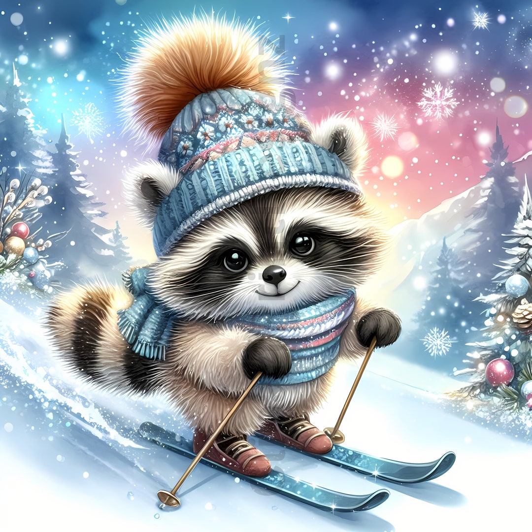 Cute Winter Animals Skiing Clipart Bundle, Festive Watercolor Clip Art ...