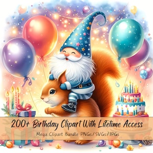 Más de 200 imágenes prediseñadas de cumpleaños, lindo paquete de gnomos mega animales, imágenes de imágenes prediseñadas de acuarela, archivos de criaturas de alta calidad, gráficos de archivos de imágenes digitales