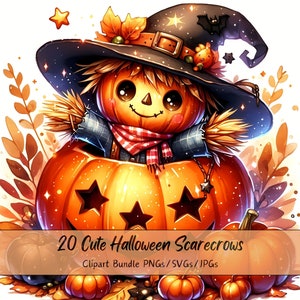 Lindo paquete de imágenes prediseñadas de espantapájaros de Halloween, imágenes prediseñadas de espantapájaros de acuarela, criaturas aterradoras de alta calidad, descarga digital divertida, otoño s