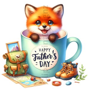 May include: A blue mug with a fox peeking out of the top. The mug has a white circle with the text "Happy Father's Day" on it. There is a green backpack, a map, a compass, and a pair of brown hiking boots around the mug.