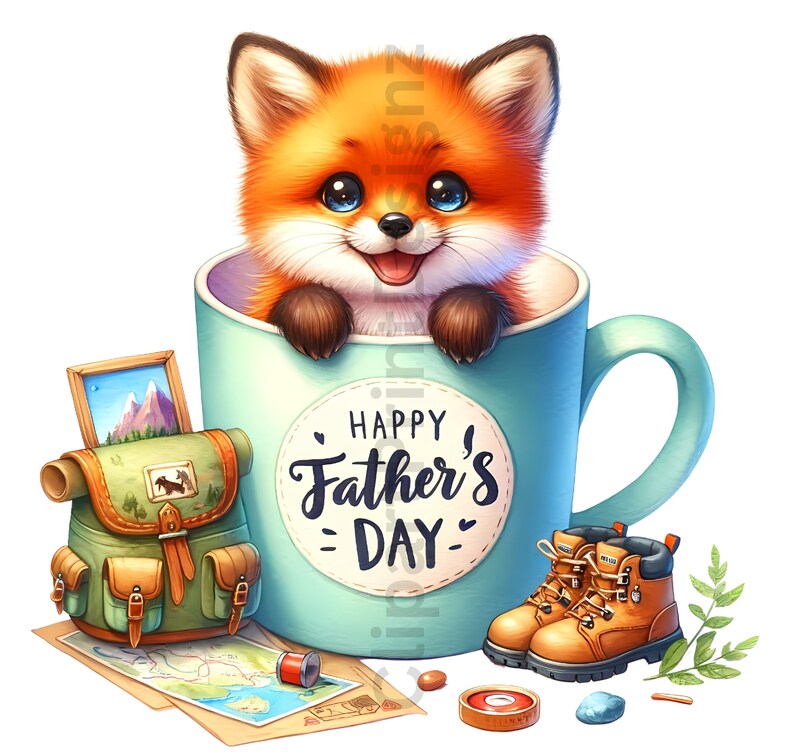 May include: A blue mug with a fox peeking out of the top. The mug has a white circle with the text "Happy Father's Day" on it. There is a green backpack, a map, a compass, and a pair of brown hiking boots around the mug.