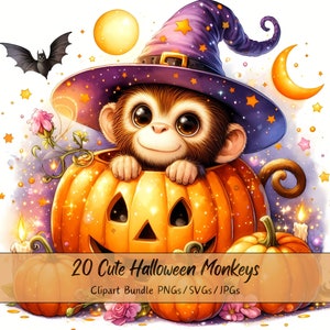 Lindo paquete de imágenes prediseñadas de monos de Halloween, imágenes prediseñadas de monos de acuarela, animales aterradores de alta calidad, descarga digital divertida de animales, otoño
