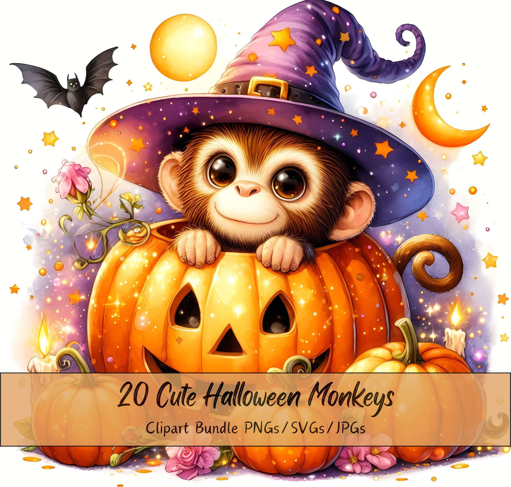 Cute Halloween Monkeys Clipart Bundle, Watercolor Monkey Clip Art